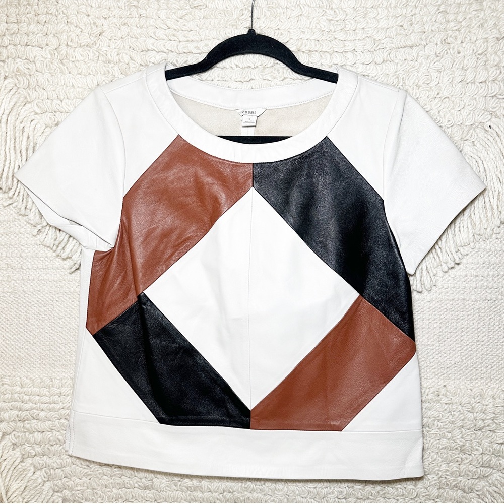 Fossil Neutral Leather Patchwork Short Sleeve Box… - image 1